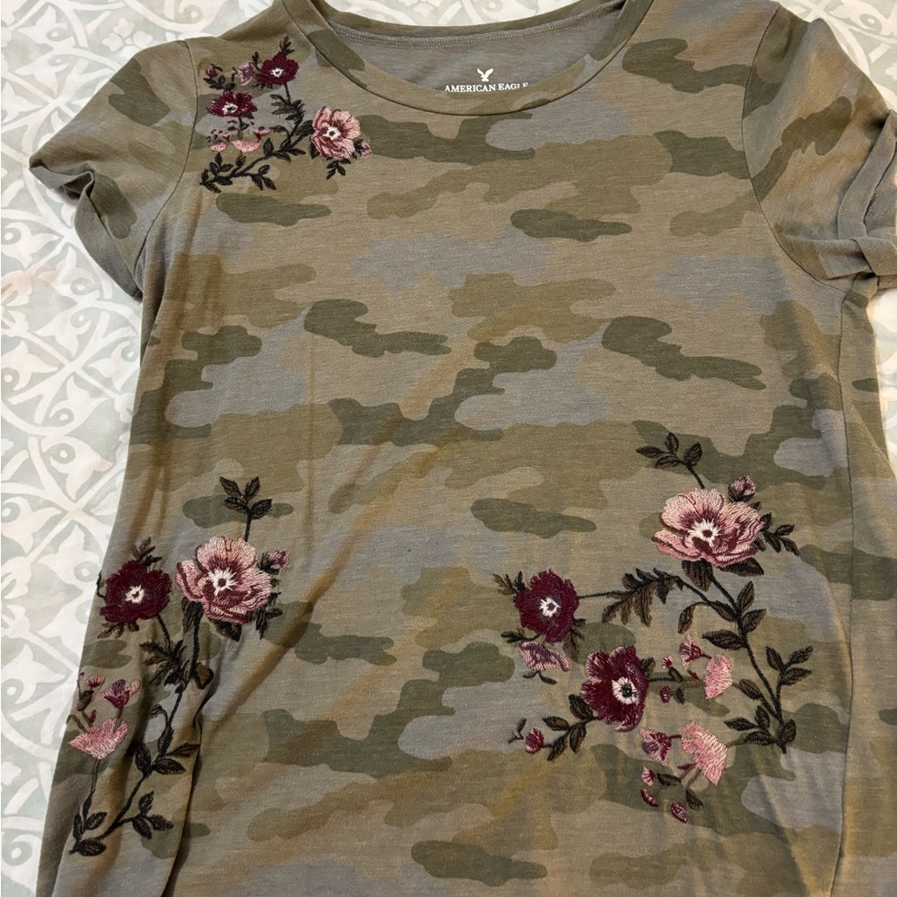 American Eagle Outfitters Camouflage Floral Embroidered Top